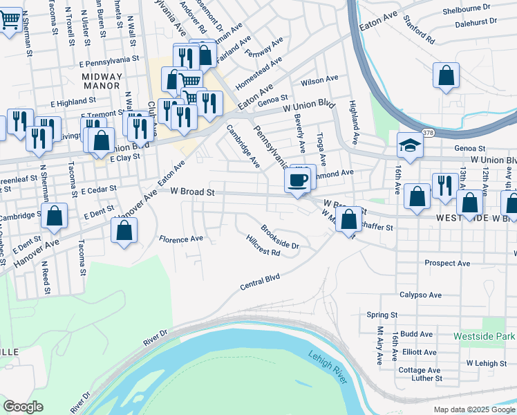 map of restaurants, bars, coffee shops, grocery stores, and more near 2010 Glendale Avenue in Bethlehem