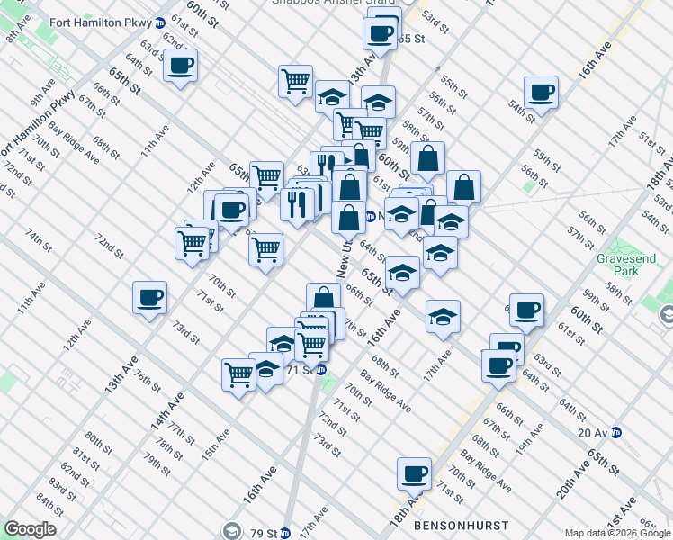 map of restaurants, bars, coffee shops, grocery stores, and more near 6526 New Utrecht Avenue in Brooklyn