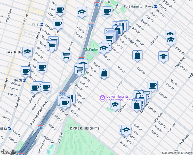 map of restaurants, bars, coffee shops, grocery stores, and more near 991 78th Street in Brooklyn