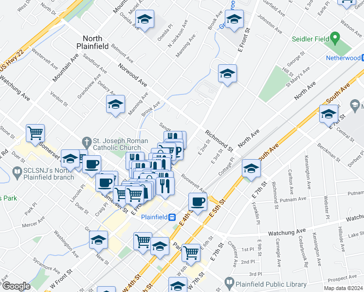 map of restaurants, bars, coffee shops, grocery stores, and more near 335 East Front Street in Plainfield