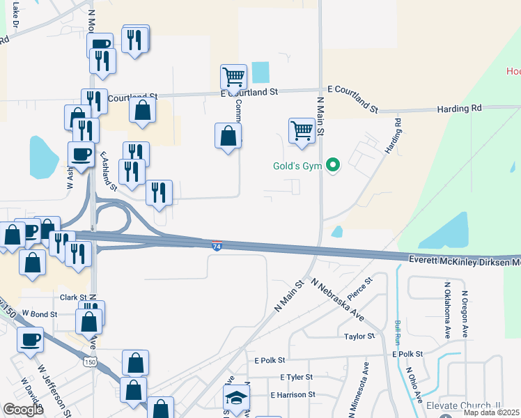 map of restaurants, bars, coffee shops, grocery stores, and more near 1601 North Main Street in Morton