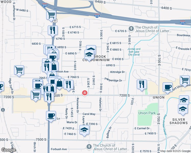 map of restaurants, bars, coffee shops, grocery stores, and more near 7047 South 260 East in Midvale