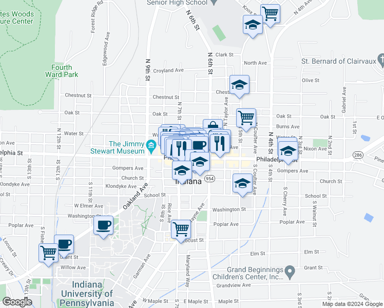 map of restaurants, bars, coffee shops, grocery stores, and more near 647 Philadelphia Street in Indiana