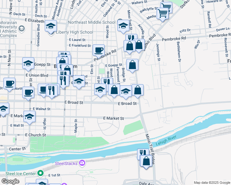 map of restaurants, bars, coffee shops, grocery stores, and more near 649 East North Street in Bethlehem