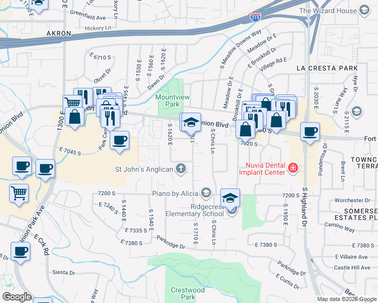 map of restaurants, bars, coffee shops, grocery stores, and more near 7044 South 1700 East in Cottonwood Heights