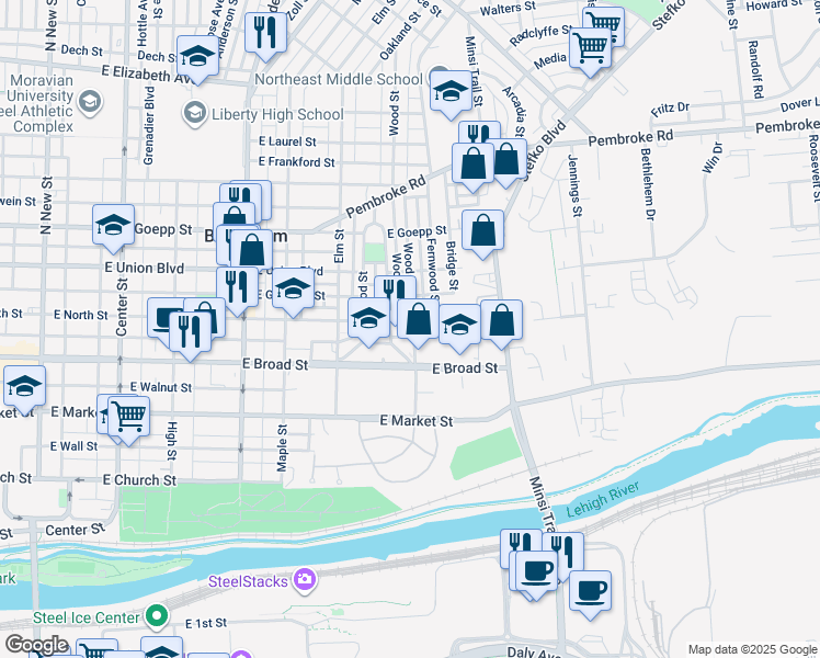 map of restaurants, bars, coffee shops, grocery stores, and more near 705 Wood Street in Bethlehem
