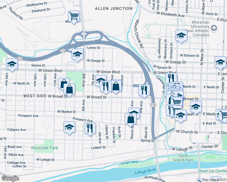 map of restaurants, bars, coffee shops, grocery stores, and more near 620 5th Avenue in Bethlehem