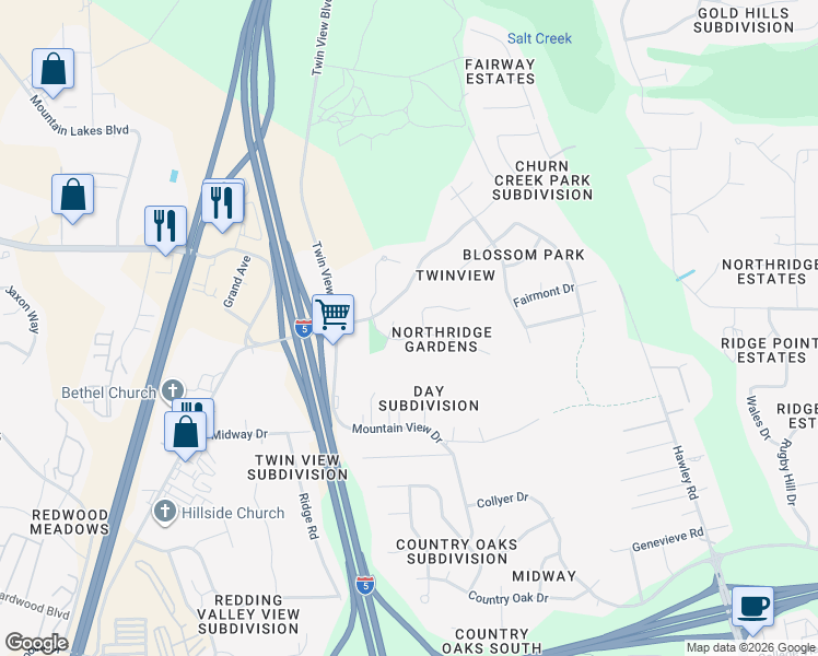 map of restaurants, bars, coffee shops, grocery stores, and more near 5758 Diamond Ridge Drive in Redding