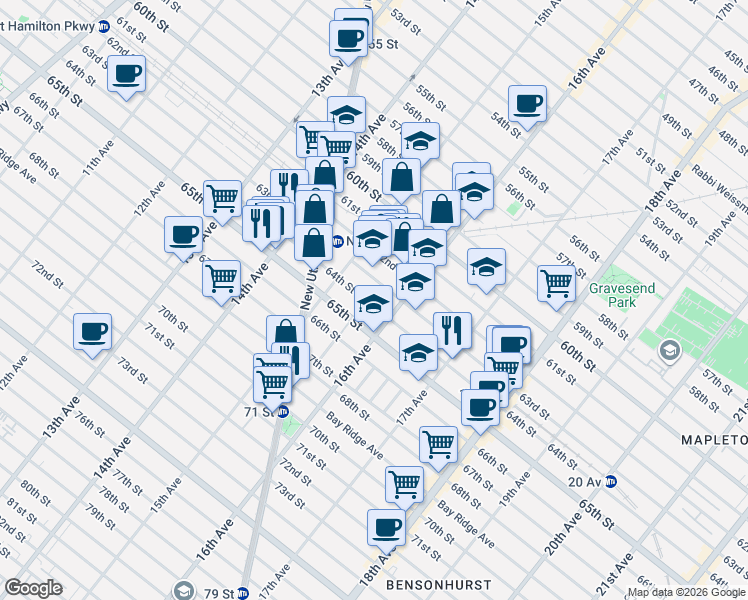 map of restaurants, bars, coffee shops, grocery stores, and more near 1561 64th Street in Brooklyn