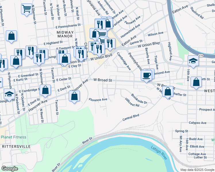 map of restaurants, bars, coffee shops, grocery stores, and more near 506 Grandview Boulevard in Bethlehem