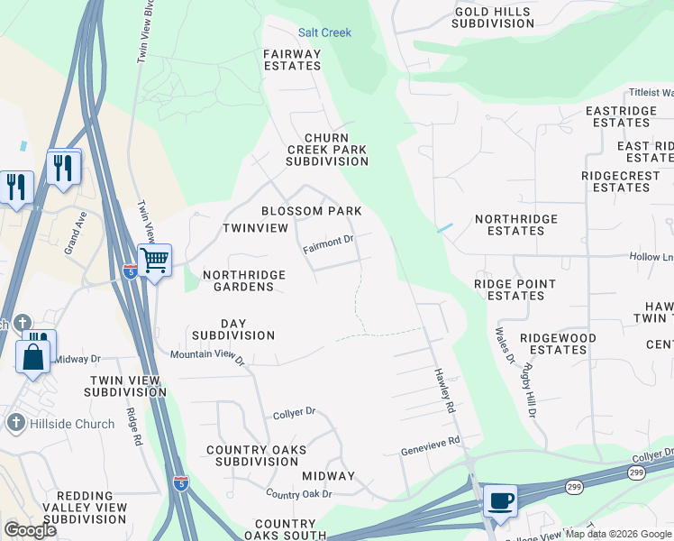 map of restaurants, bars, coffee shops, grocery stores, and more near 5849 Norwich Court in Redding