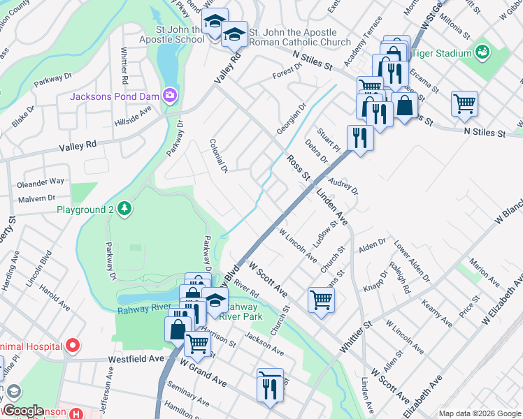 map of restaurants, bars, coffee shops, grocery stores, and more near 922 Apgar Terrace in Rahway