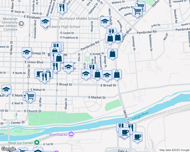 map of restaurants, bars, coffee shops, grocery stores, and more near 705 Wood Street in Bethlehem