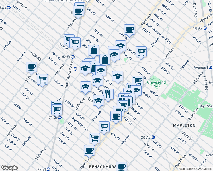 map of restaurants, bars, coffee shops, grocery stores, and more near 1648 62nd Street in Brooklyn