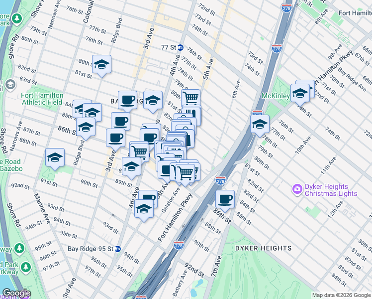map of restaurants, bars, coffee shops, grocery stores, and more near 8325 5th Avenue in Brooklyn