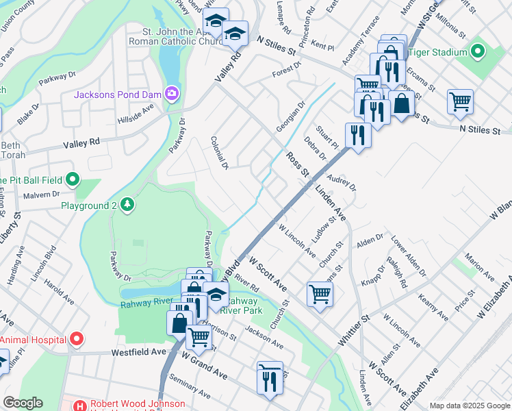 map of restaurants, bars, coffee shops, grocery stores, and more near 922 Apgar Terrace in Rahway