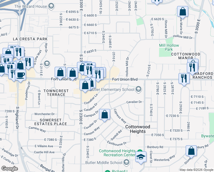 map of restaurants, bars, coffee shops, grocery stores, and more near 7053 Promenade Drive in Cottonwood Heights