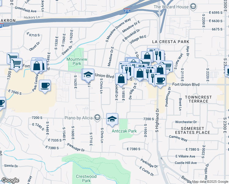 map of restaurants, bars, coffee shops, grocery stores, and more near 7068 Brookhill Drive East in Cottonwood Heights