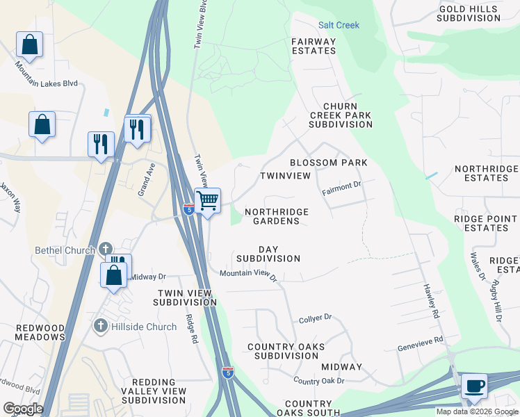map of restaurants, bars, coffee shops, grocery stores, and more near 5758 Diamond Ridge Drive in Redding
