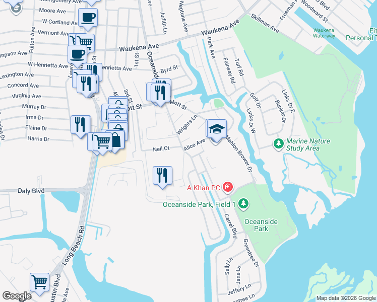 map of restaurants, bars, coffee shops, grocery stores, and more near 3627 Oceanside Road East in Oceanside