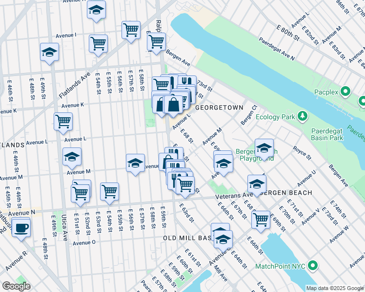 map of restaurants, bars, coffee shops, grocery stores, and more near 2259 Ralph Avenue in Brooklyn
