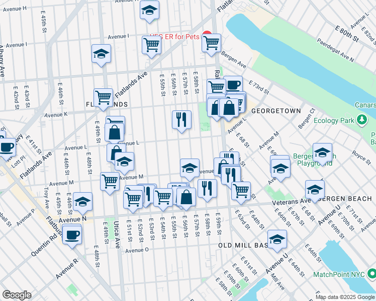 map of restaurants, bars, coffee shops, grocery stores, and more near 1336 East 56th Street in Brooklyn