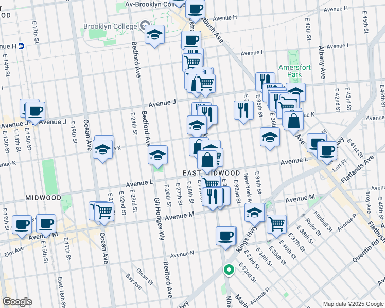 map of restaurants, bars, coffee shops, grocery stores, and more near 1153 East 29th Street in Brooklyn