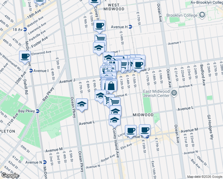 map of restaurants, bars, coffee shops, grocery stores, and more near 1420 Coney Island Avenue in Brooklyn