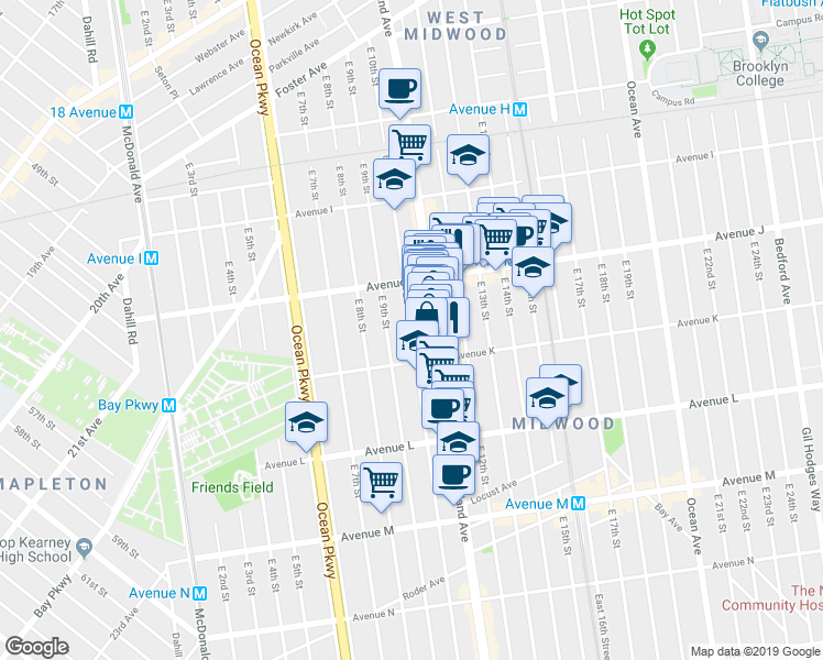 map of restaurants, bars, coffee shops, grocery stores, and more near 1069 East 9th Street in Brooklyn
