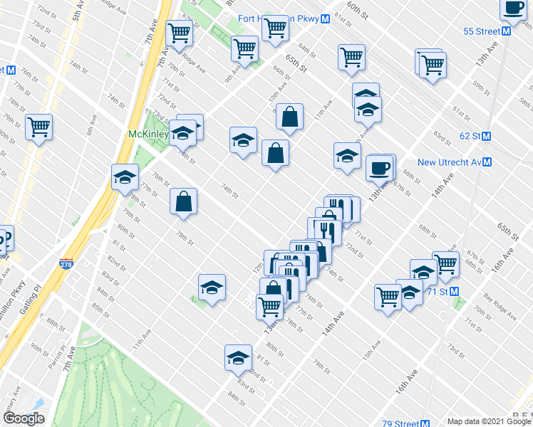 map of restaurants, bars, coffee shops, grocery stores, and more near 1137 74th Street in Brooklyn