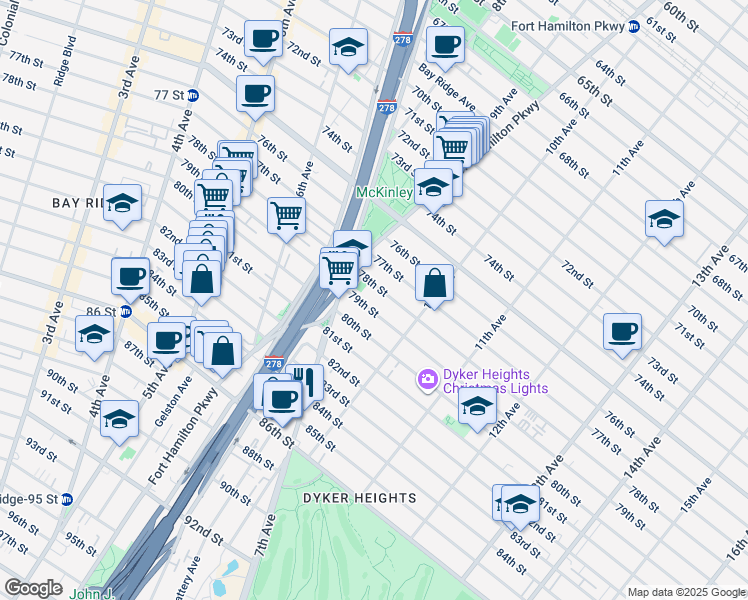 map of restaurants, bars, coffee shops, grocery stores, and more near 953 79th Street in Brooklyn