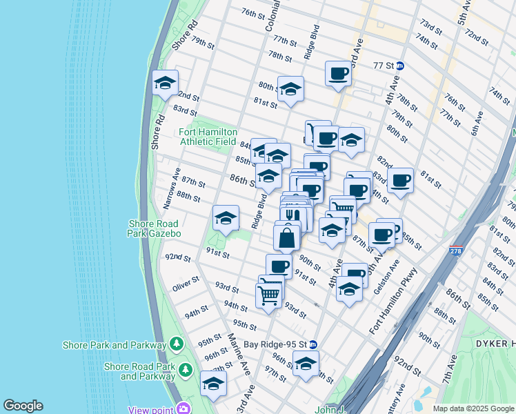 map of restaurants, bars, coffee shops, grocery stores, and more near 8601 Ridge Boulevard in Brooklyn