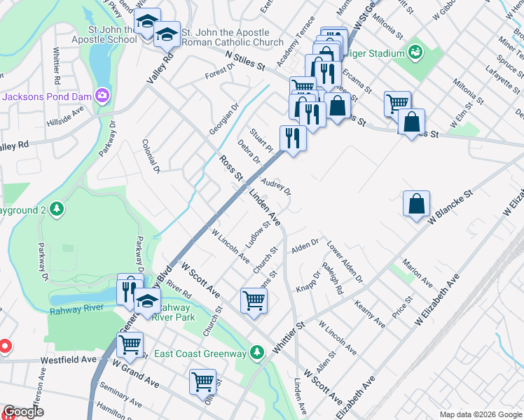 map of restaurants, bars, coffee shops, grocery stores, and more near 716 Linden Avenue in Rahway