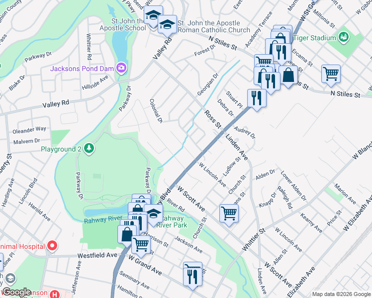 map of restaurants, bars, coffee shops, grocery stores, and more near 922 Apgar Terrace in Rahway
