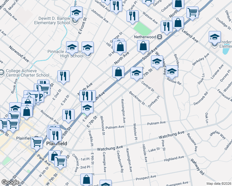 map of restaurants, bars, coffee shops, grocery stores, and more near 643 East 7th Street in Plainfield
