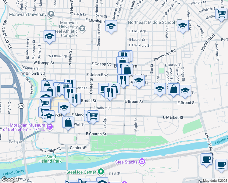 map of restaurants, bars, coffee shops, grocery stores, and more near 229 East Raspberry Street in Bethlehem