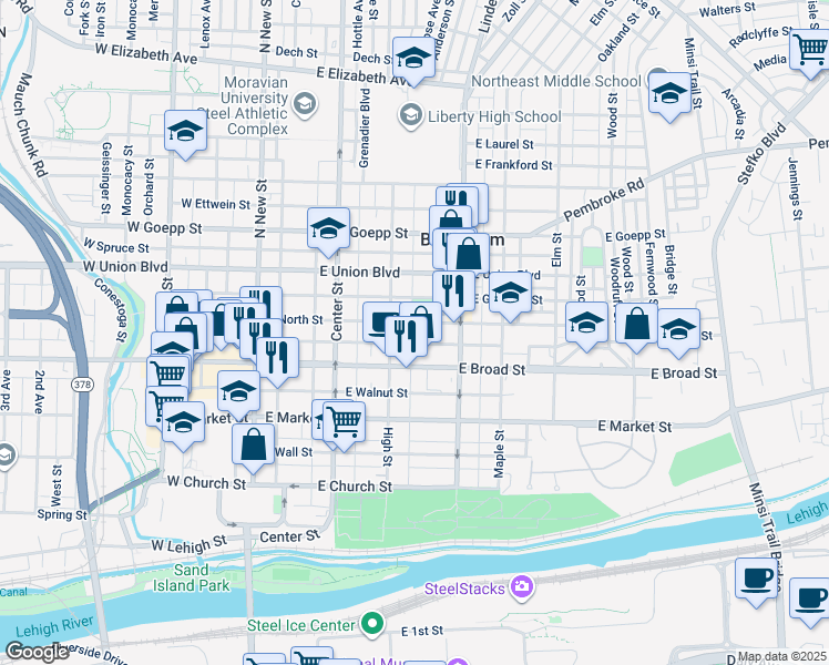 map of restaurants, bars, coffee shops, grocery stores, and more near 229 East Raspberry Street in Bethlehem