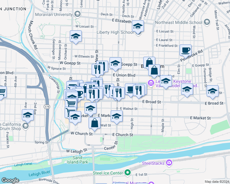 map of restaurants, bars, coffee shops, grocery stores, and more near 626 Center Street in Bethlehem