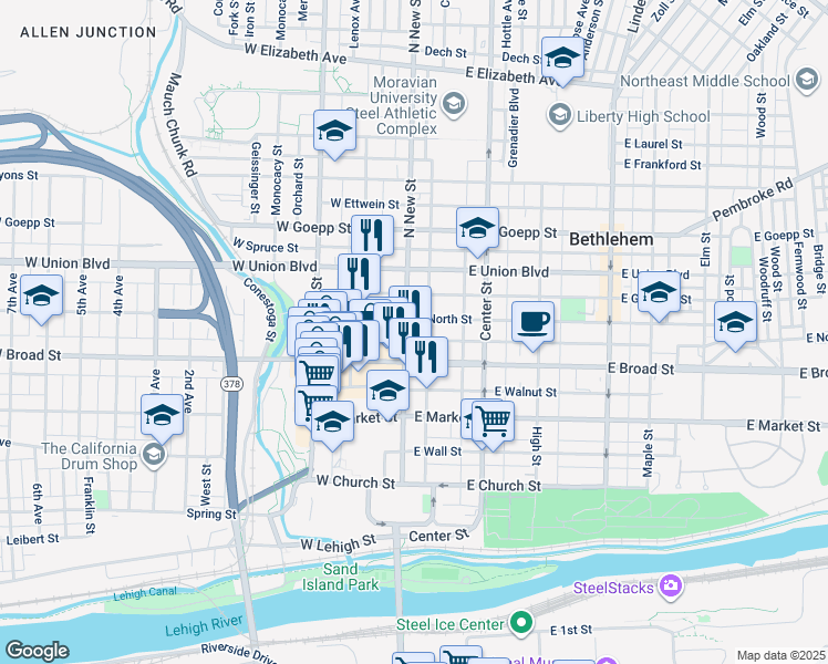 map of restaurants, bars, coffee shops, grocery stores, and more near 21 East Raspberry Street in Bethlehem