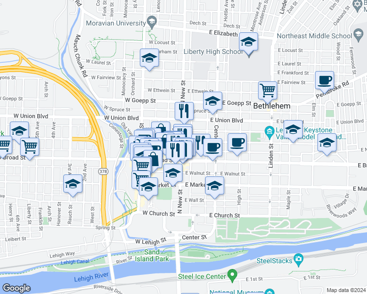 map of restaurants, bars, coffee shops, grocery stores, and more near 21 East Raspberry Street in Bethlehem