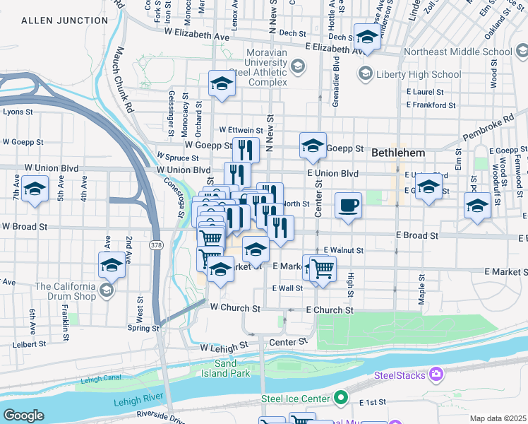 map of restaurants, bars, coffee shops, grocery stores, and more near 21 East Raspberry Street in Bethlehem