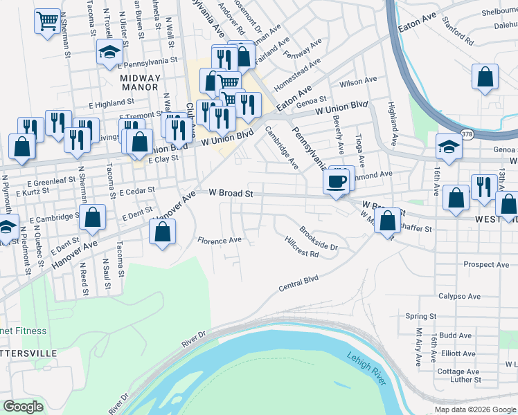 map of restaurants, bars, coffee shops, grocery stores, and more near 2106 Glendale Avenue in Bethlehem