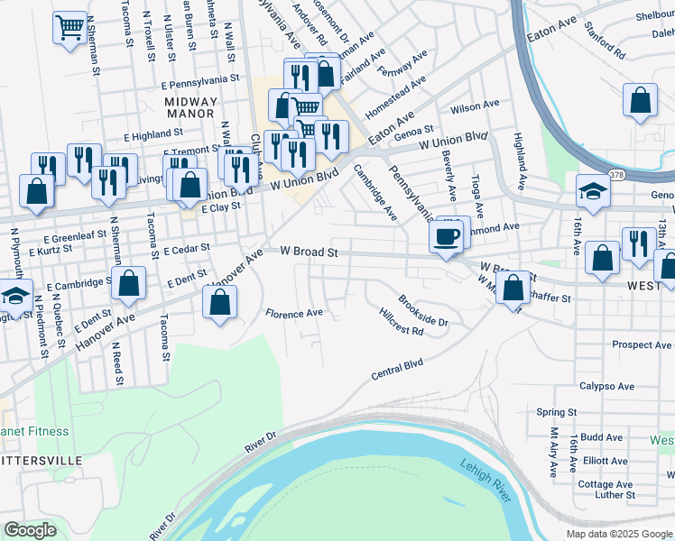 map of restaurants, bars, coffee shops, grocery stores, and more near 2106 Glendale Avenue in Bethlehem