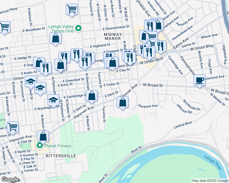 map of restaurants, bars, coffee shops, grocery stores, and more near 814 North Ulster Street in Allentown