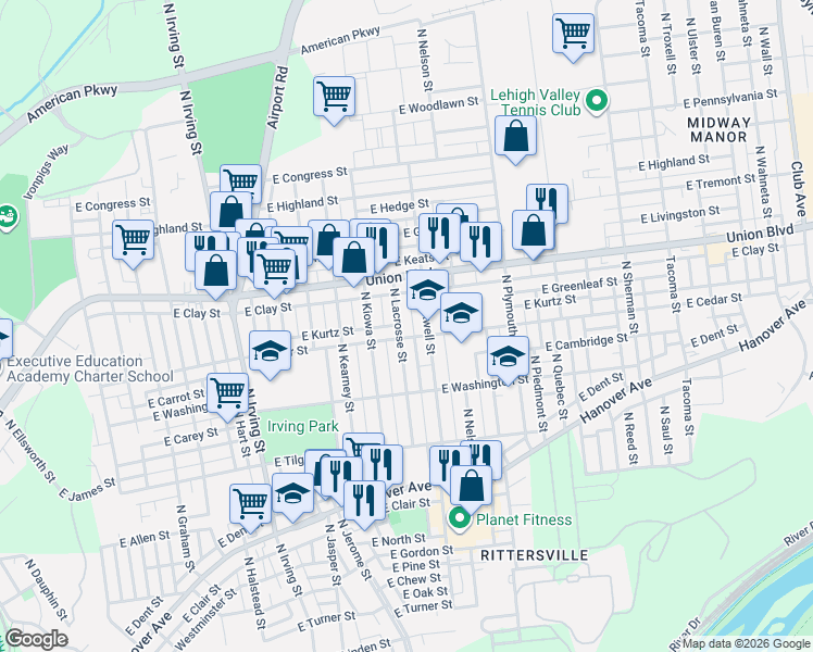map of restaurants, bars, coffee shops, grocery stores, and more near 845 North Lacrosse Street in Allentown