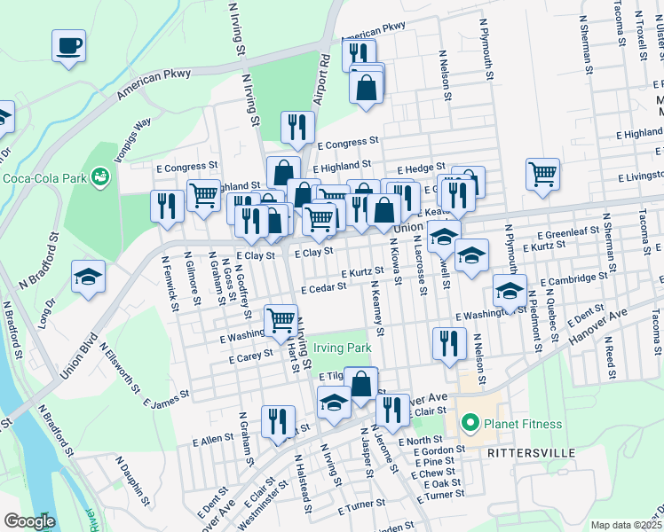 map of restaurants, bars, coffee shops, grocery stores, and more near 857 North Jasper Street in Allentown