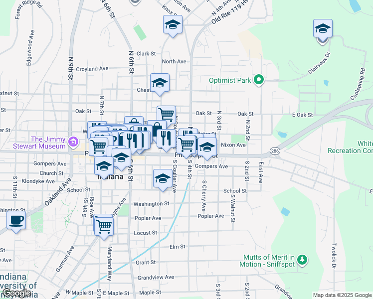 map of restaurants, bars, coffee shops, grocery stores, and more near 401 Philadelphia Street in Indiana