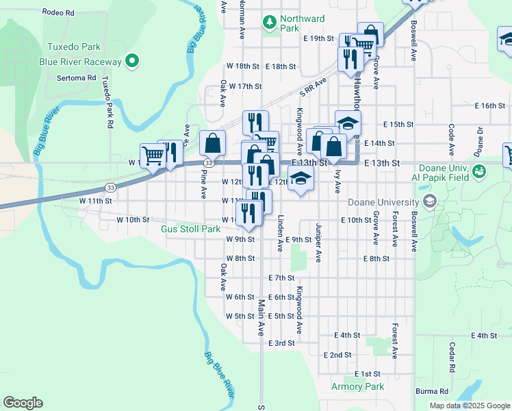map of restaurants, bars, coffee shops, grocery stores, and more near 1041 Main Ave in Crete