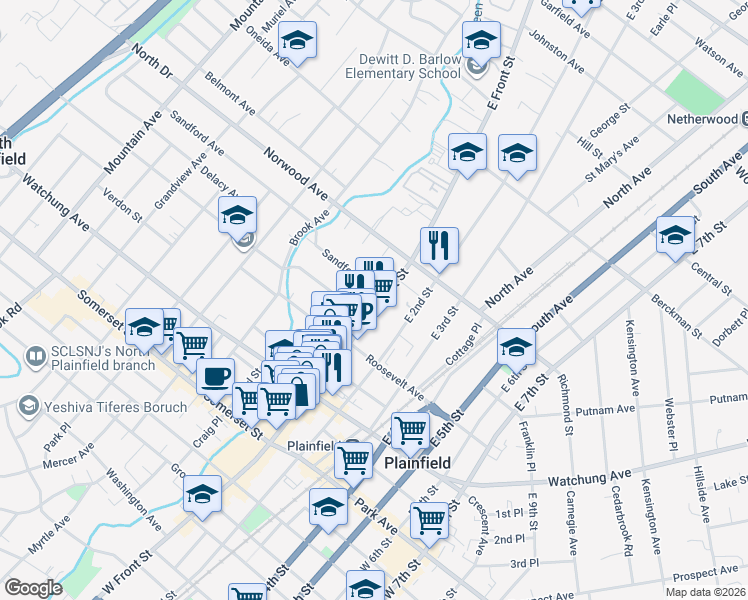 map of restaurants, bars, coffee shops, grocery stores, and more near 335 East Front Street in Plainfield