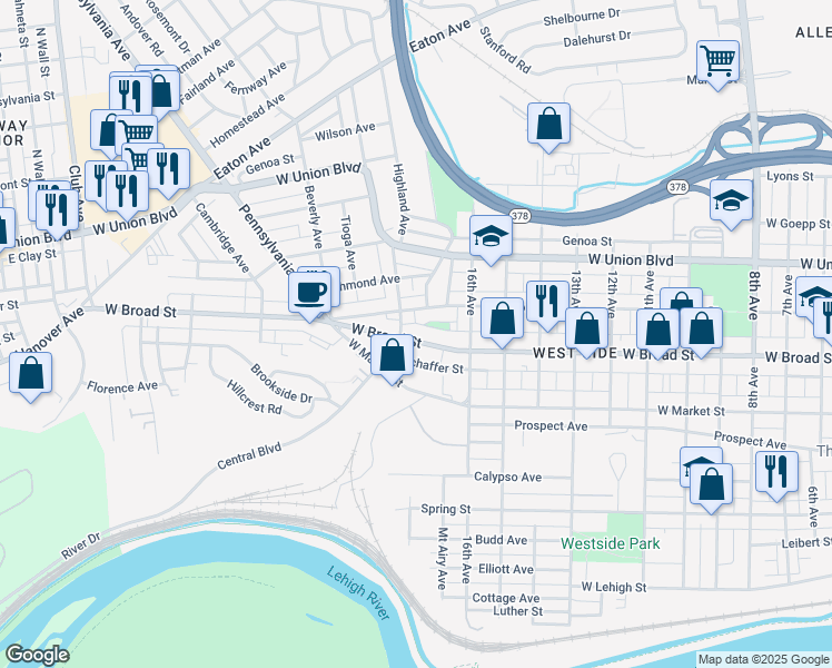 map of restaurants, bars, coffee shops, grocery stores, and more near 1762 West Broad Street in Bethlehem